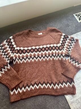 Ana Brown White Black Geometric Knit Pullover Sweater Crew Neck L